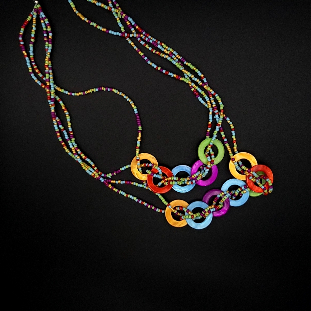Retro 90's Rainbow Seed Bead and Shell Layered Necklace 20"